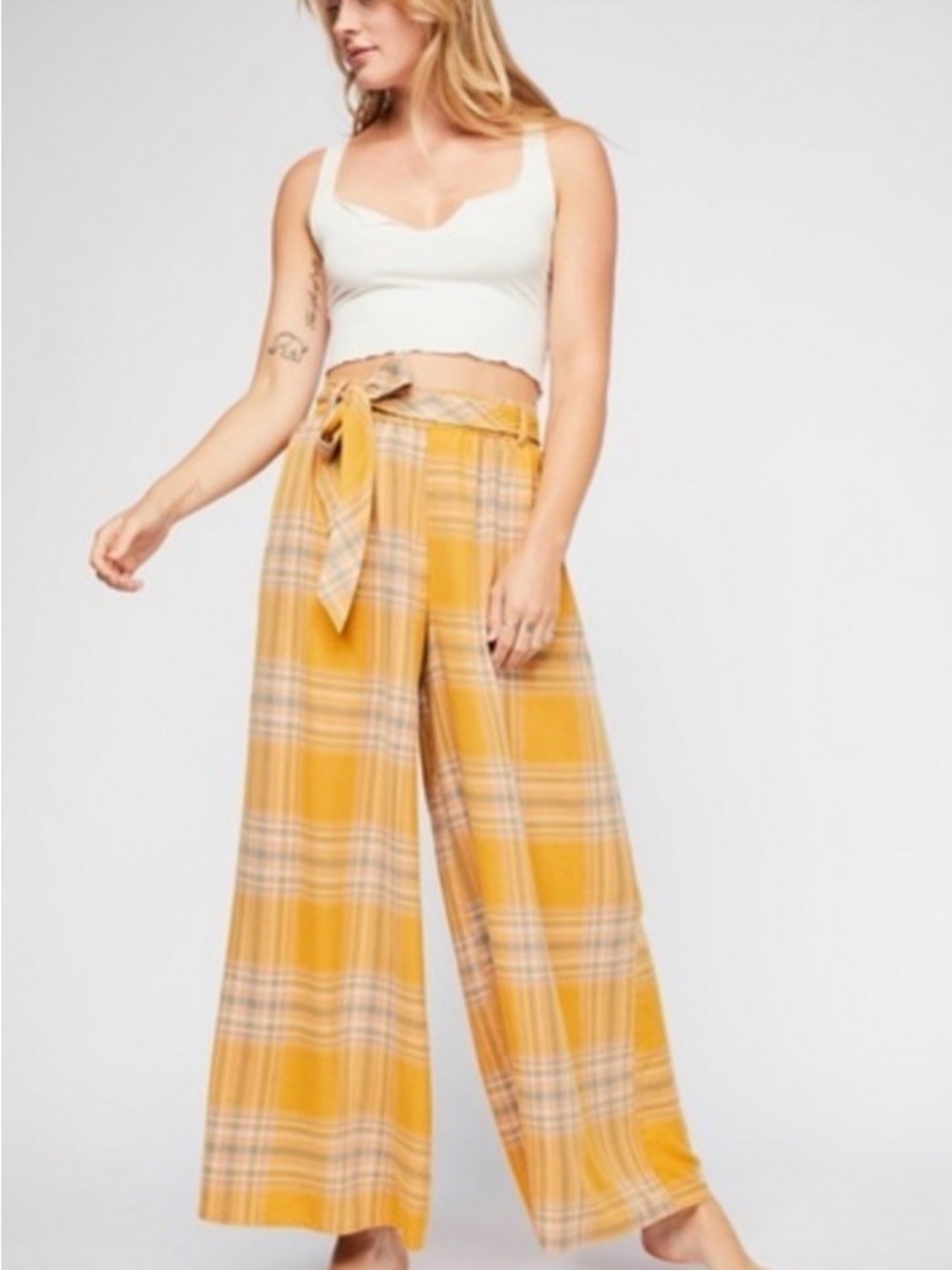 Free People Yellow Plaid Wide-Leg Waist Tie Soft Pants Small
